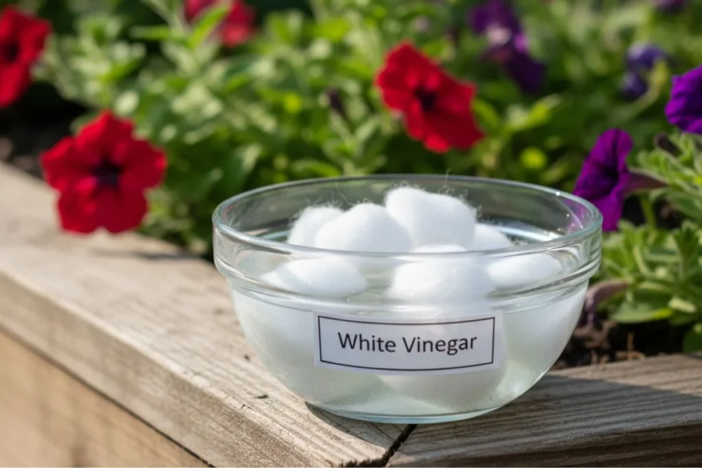 Soaking cotton balls in white vinegar, a cheap and effective homemade dog repellent for gardens.