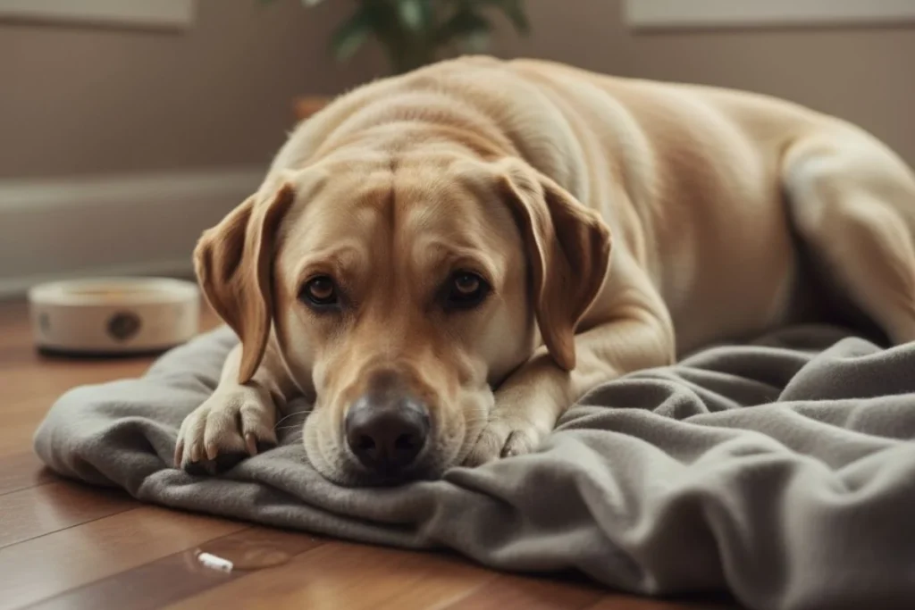 A sad-looking dog lying on the floor, illustrating the lethargy and depression that can be symptoms of Hosta poisoning.