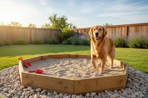 A designated dog digging zone, a sandbox filled with sand, where a happy dog can safely engage its natural digging instinct