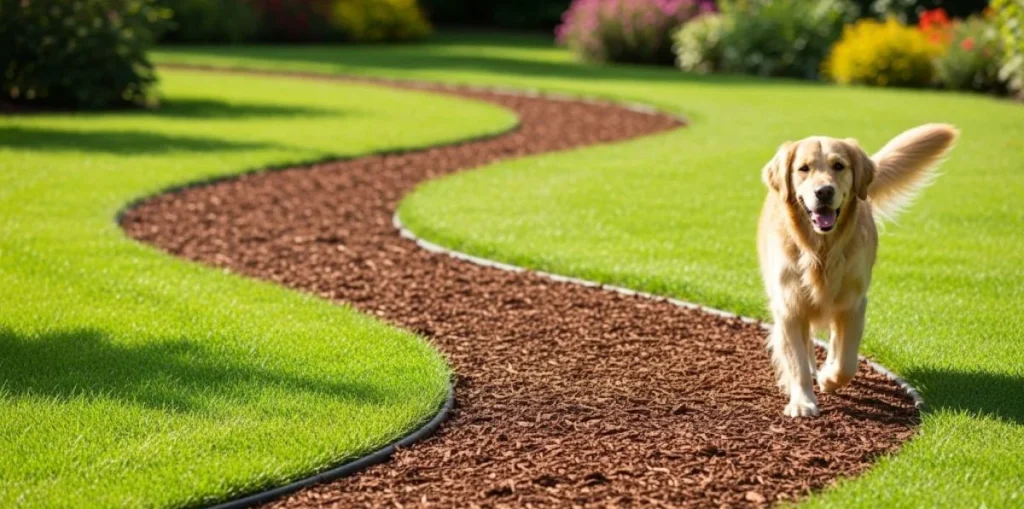 A natural-looking, dog-friendly garden path made from dark brown wood mulch, winding through a green lawn.