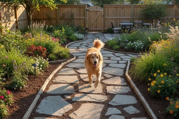 A durable, dog-friendly garden path made of flagstone and mulch, guiding a dog through the yard and away from flower beds