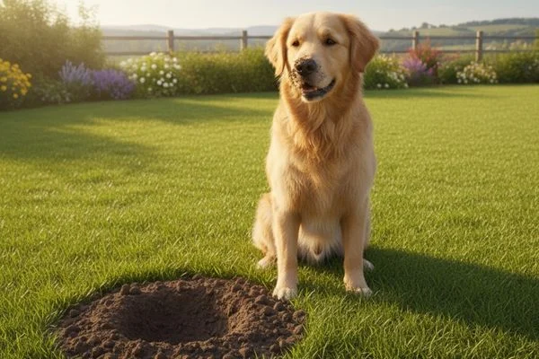 A curious dog with a dirty nose next to a small hole, illustrating the natural instinct behind dog digging in a backyard.