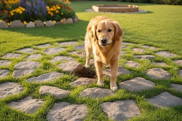 Large, flat rocks partially buried in soil, a humane "surprise" method to make dog digging in unwanted areas less appealing.