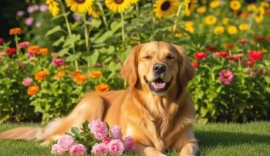 A happy Golden Retriever rests peacefully on a lush lawn, surrounded by a beautiful garden filled with dog-safe flowers like sunflowers and roses.