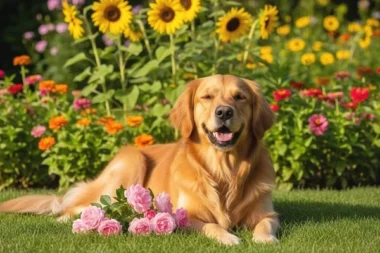 A happy Golden Retriever rests peacefully on a lush lawn, surrounded by a beautiful garden filled with dog-safe flowers like sunflowers and roses.