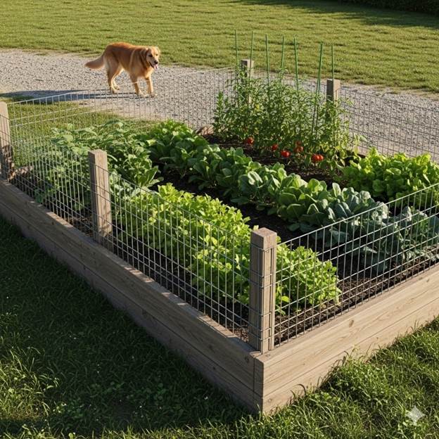  A raised vegetable garden protected by a low wire

fence, an effective barrier to protect a harvest from dogs.