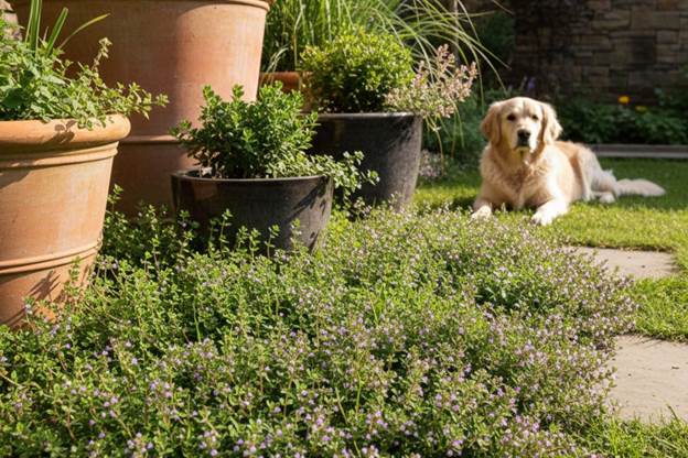 A patch of creeping thyme, a durable and dog-safe herb perfect for ground cover.