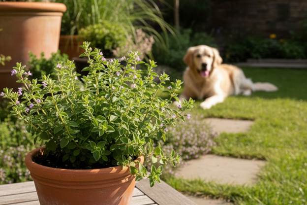 An oregano plant, a flavorful and dog-safe herb for a sunny garden.