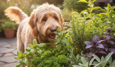 A happy dog sniffing at a beautiful herb garden, illustrating the concept of dog-safe herbs.