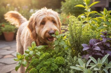 A happy dog sniffing at a beautiful herb garden, illustrating the concept of dog-safe herbs.