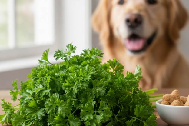 A bunch of fresh curly-leaf parsley, a dog-safe herb known to freshen breath.