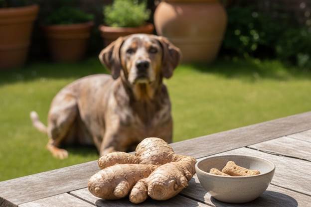  Fresh ginger root, a dog-safe herb that is excellent for soothing an upset stomach.