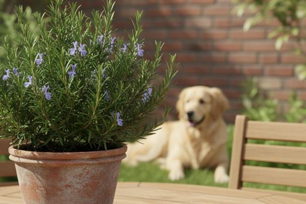 A rosemary shrub with its needle-like leaves, a hardy and dog-safe herb.