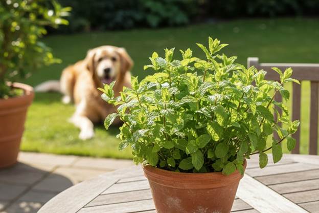 A lush mint plant contained in a pot, a refreshing and dog-safe herb.