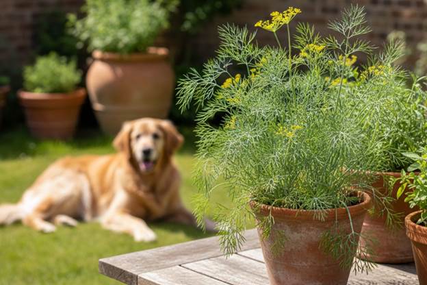 A dill plant with its feathery leaves, a dog-safe herb that can help with digestion.