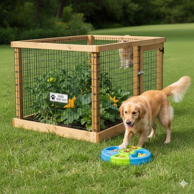 A happy dog playing with an outdoor puzzle toy, an example of enrichment that helps protect a vegetable garden.