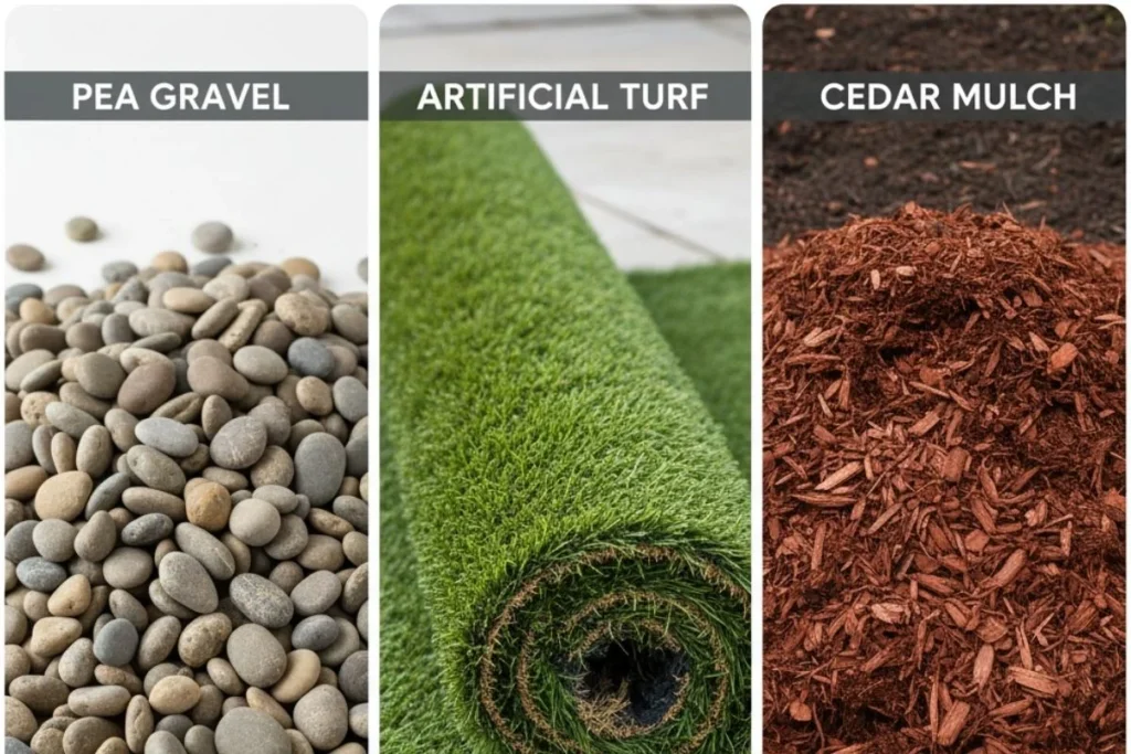 A comparison of the three best materials for a dog potty area: pea gravel, artificial turf, and cedar mulch.
