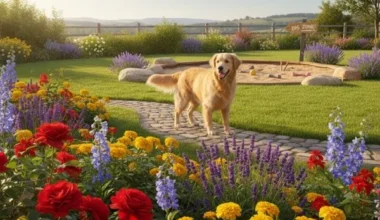 A happy Golden Retriever stands near a beautiful, undisturbed flower bed in a dog-friendly garden, illustrating humane ways to stop dog digging