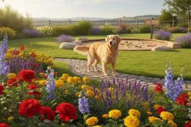 A happy Golden Retriever stands near a beautiful, undisturbed flower bed in a dog-friendly garden, illustrating humane ways to stop dog digging