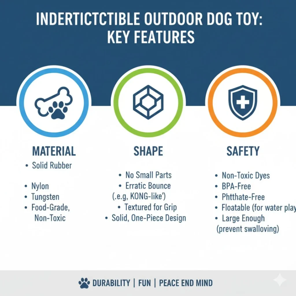 : An infographic explaining the key features to look for in an indestructible outdoor dog toy, including material, shape, and safety.