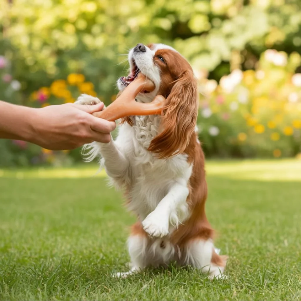  A Boxer dog chewing on a Benebone Wishbone, the best flavor-infused indestructible chew toy for dogs.