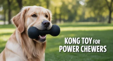 A happy power-chewer dog with one of the best indestructible outdoor toys, a durable black rubber KONG.