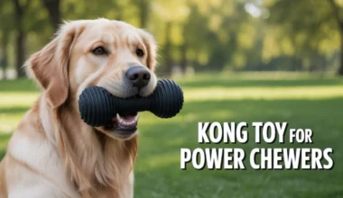 A happy power-chewer dog with one of the best indestructible outdoor toys, a durable black rubber KONG.
