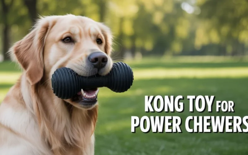 A happy power-chewer dog with one of the best indestructible outdoor toys, a durable black rubber KONG.