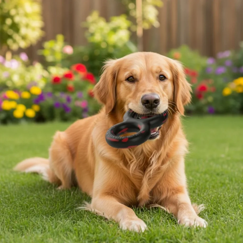 A GoughNuts MAXX 50 Stick, an extremely durable outdoor dog toy with a visual safety indicator.