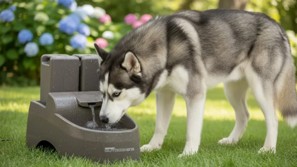 A happy husky drinking from PetSafe Drinkwell Everflow for dogs