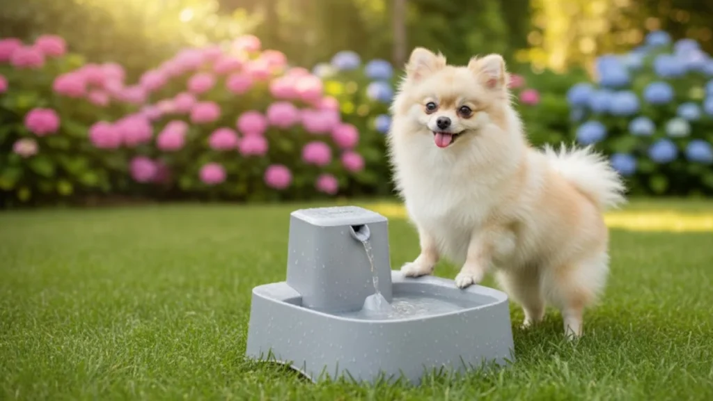 A happy dog drinking from one of the best outdoor water fountains for dogs, ensuring proper hydration