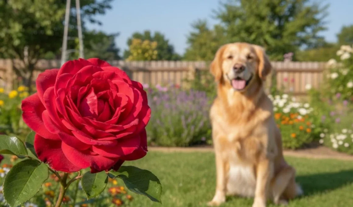 A beautiful red rose in a garden, illustrating the question: Are roses poisonous to dogs? A happy dog is safe in the background.