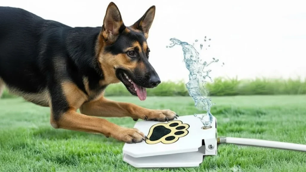 A happy Golden Retriever  drinking from Trio Gato Outdoor Dog Water Sprinkler  for dogs, ensuring proper hydration