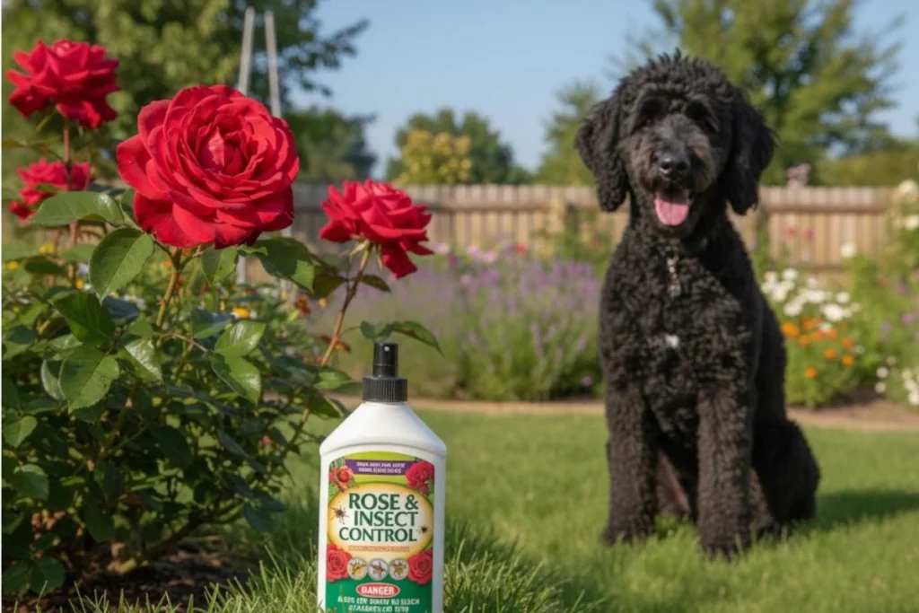  bottle of garden pesticide near a rose bush, highlighting the danger of rose care products to dogs.