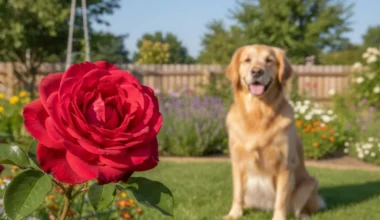 A beautiful red rose in a garden, illustrating the question: Are roses poisonous to dogs? A happy dog is safe in the background.