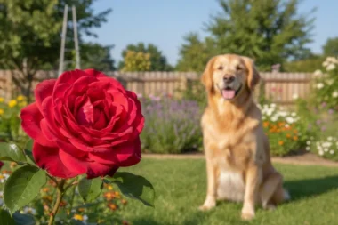 A beautiful red rose in a garden, illustrating the question: Are roses poisonous to dogs? A happy dog is safe in the background.
