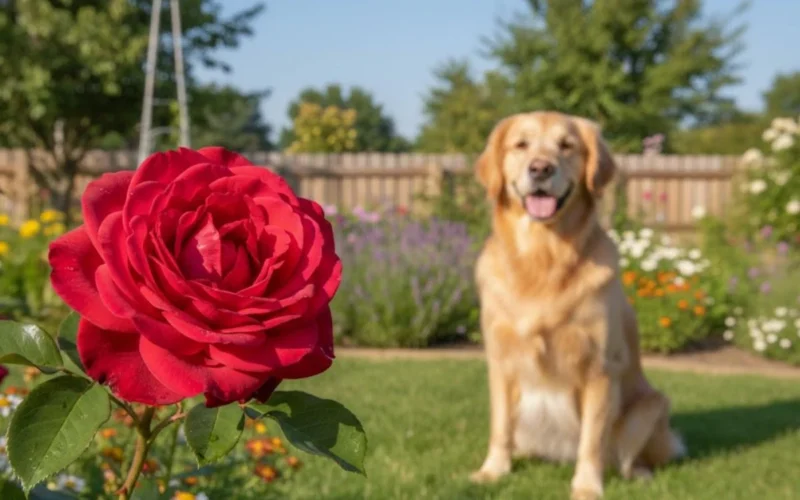 A beautiful red rose in a garden, illustrating the question: Are roses poisonous to dogs? A happy dog is safe in the background.