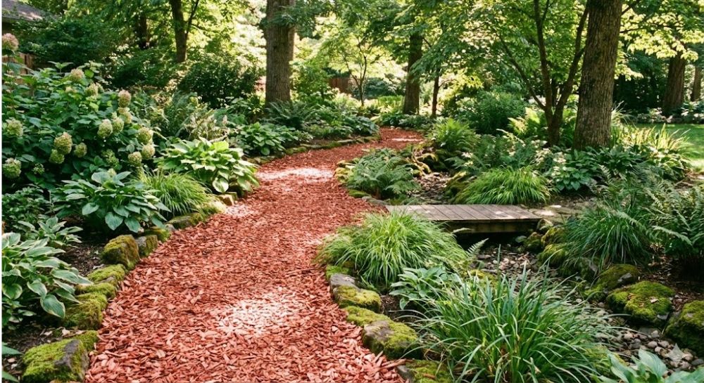 Cedar mulch garden path for dogs providing soft cushioning and flea control.