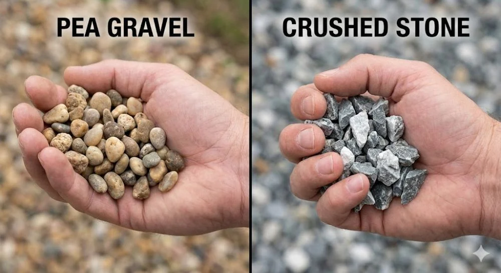 Comparison of smooth pea gravel vs sharp crushed stone for dog paw safety