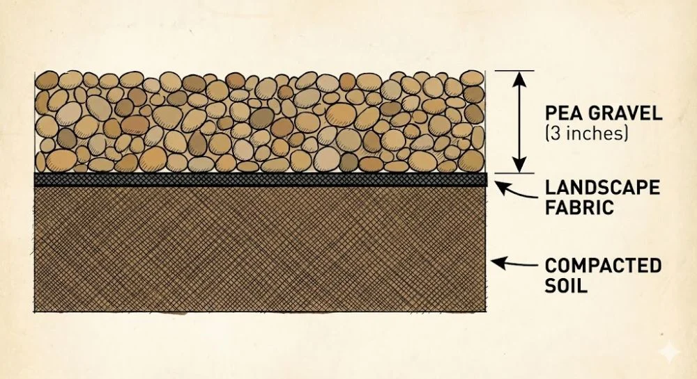 Cross section diagram showing how to install a dog friendly gravel run with drainage and landscape fabric