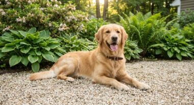 Dog friendly garden without grass featuring a happy dog resting on a clean, mud-free pea gravel patio.