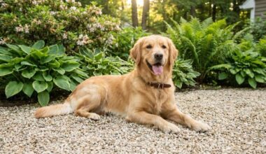 Dog friendly garden without grass featuring a happy dog resting on a clean, mud-free pea gravel patio.