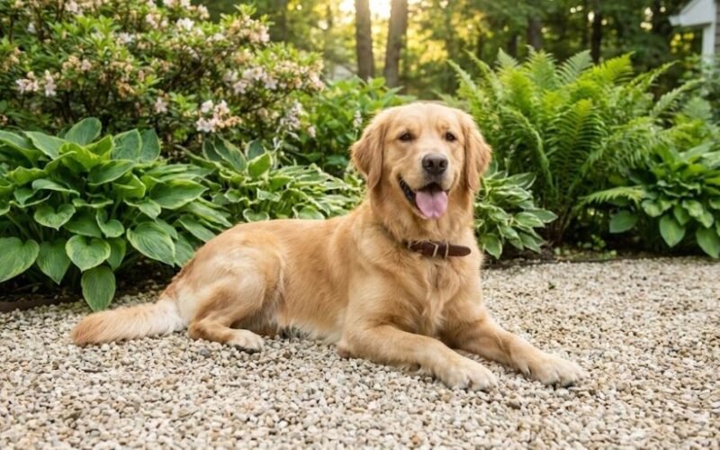 Dog friendly garden without grass featuring a happy dog resting on a clean, mud-free pea gravel patio.