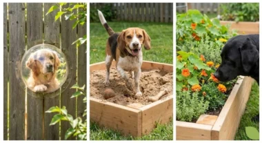 Dog friendly landscaping ideas showing solutions for fence patrolling, digging, and chewing behaviors