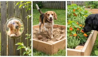 Dog friendly landscaping ideas showing solutions for fence patrolling, digging, and chewing behaviors
