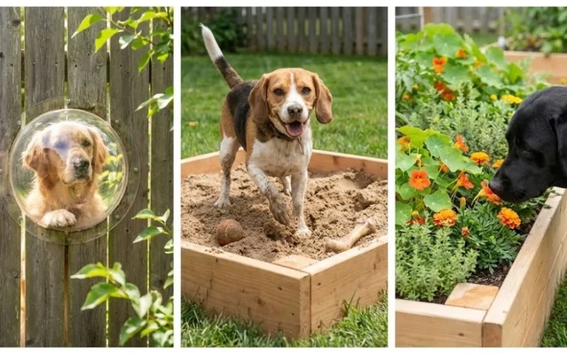 Dog friendly landscaping ideas showing solutions for fence patrolling, digging, and chewing behaviors