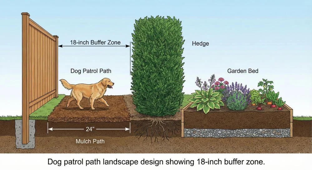  Dog patrol path landscape design showing 18-inch buffer zone.
