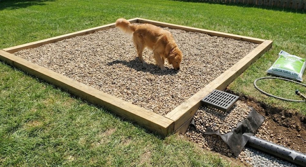 Pea gravel dog potty area with drainage for urine control.