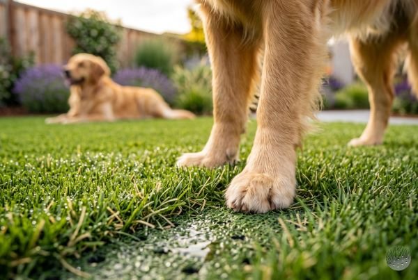 Clean dog paws standing on water-permeable artificial turf blade
