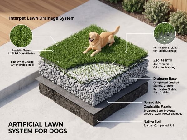 Cross-section layer diagram of artificial turf drainage sub-base with crushed stone and geotextile fabric